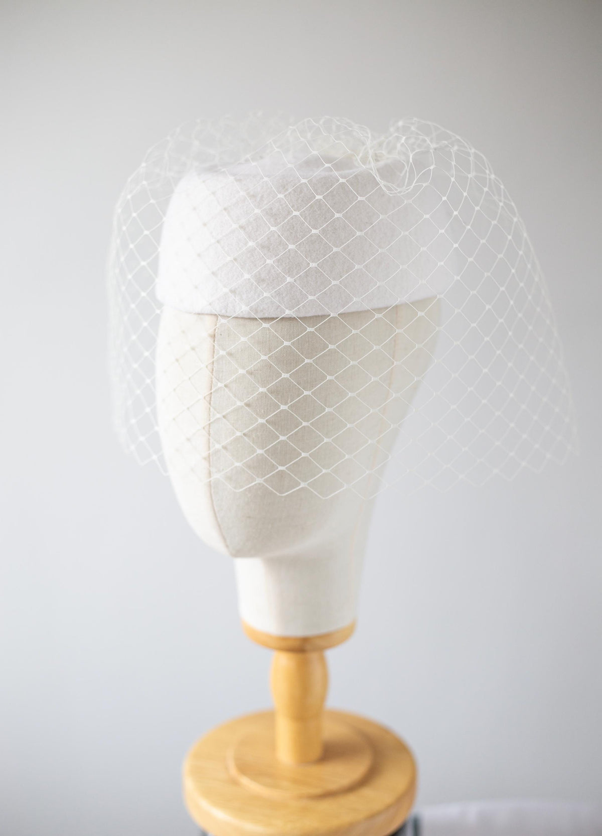 Winter Bridal Pillbox Hat with Wide Veil | 1960s Winter Wedding Headpiece | Ivory Couture Hat | Retro Bride
