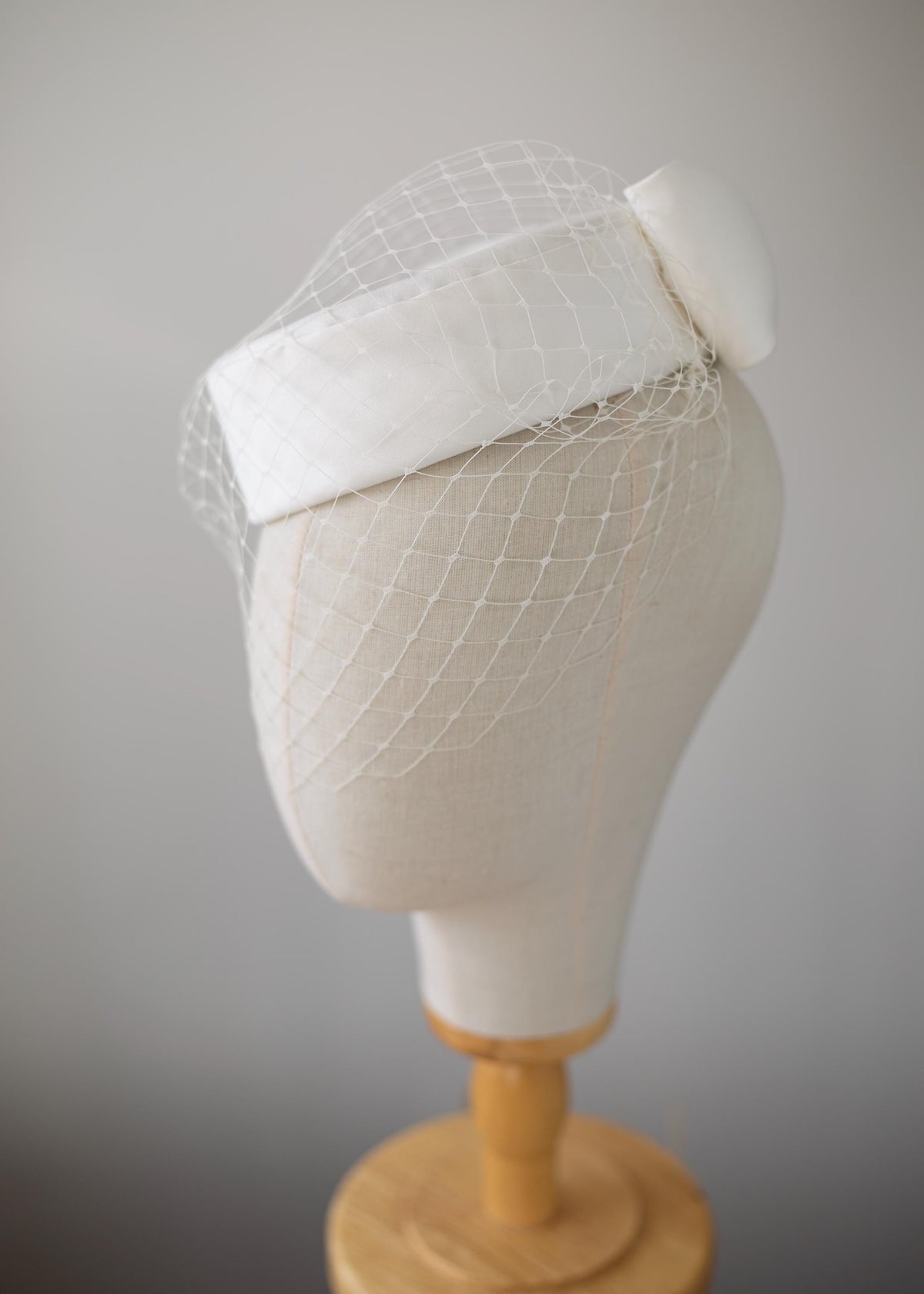 Ivory Satin Pillbox Hat with Detachable Birdcage Veil | Modern Bridal Hat | City Hall Wedding | Fashion-Forward Bridal Headpiece