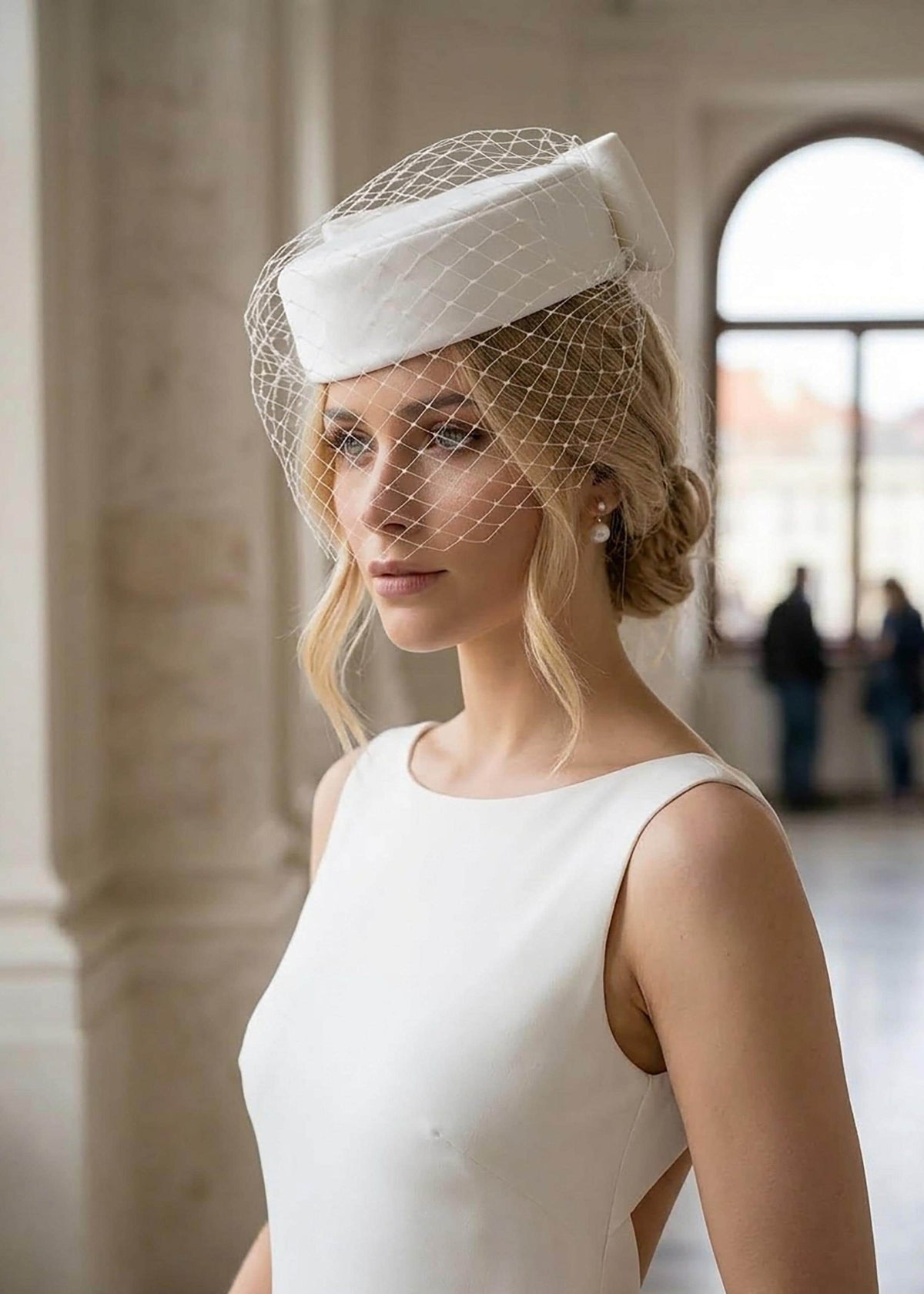 Ivory Satin Pillbox Hat with Detachable Birdcage Veil | Modern Bridal Hat | City Hall Wedding | Fashion-Forward Bridal Headpiece