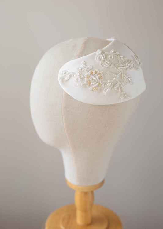 Matte Satin Wedding Cap Hat, Beaded Bridal Half Hat, Bridal Wide Headband, Vintage Bridal Headpiece, Ivory Lace Fascinator