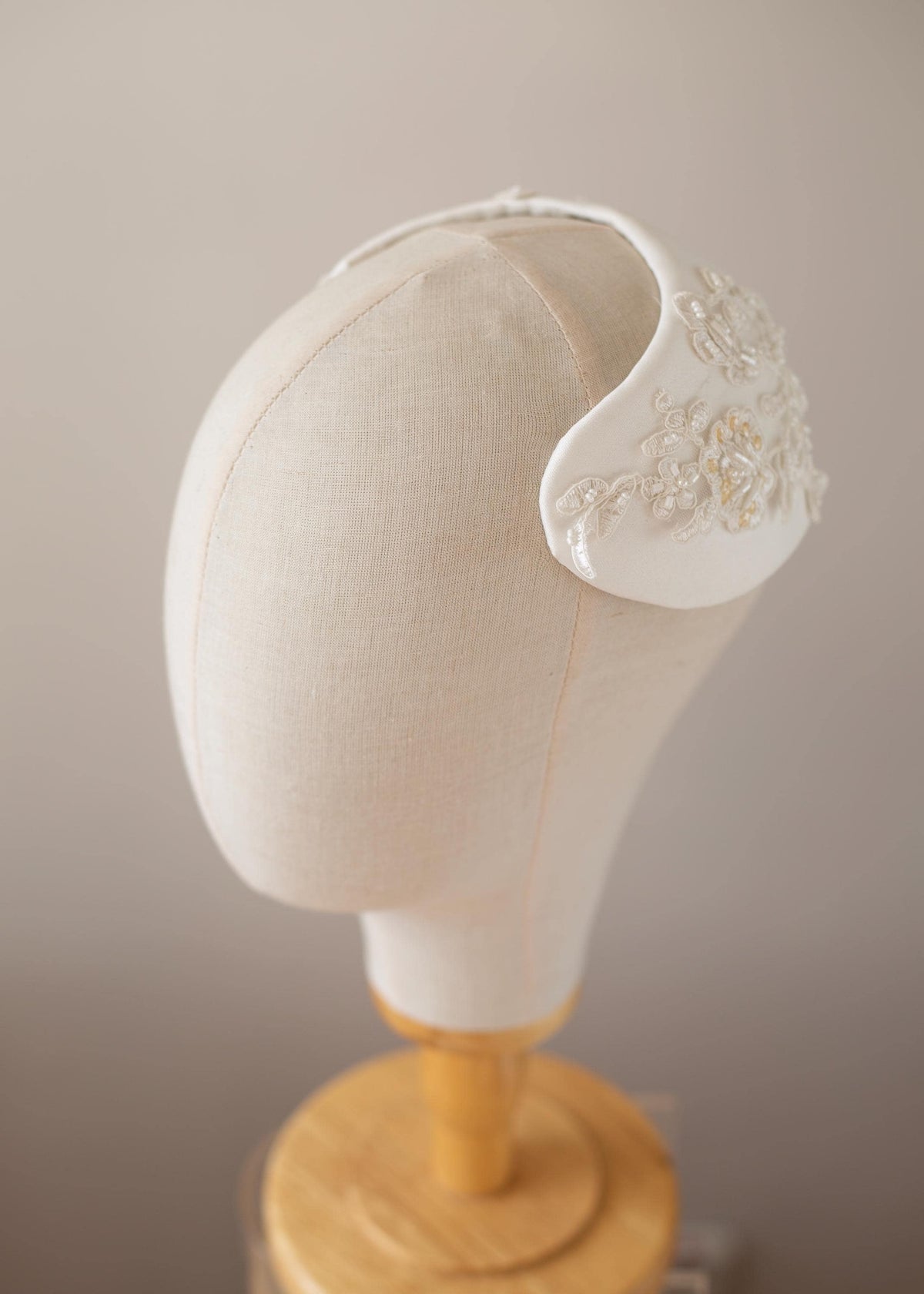 Matte Satin Wedding Cap Hat, Beaded Bridal Half Hat, Bridal Wide Headband, Vintage Bridal Headpiece, Ivory Lace Fascinator