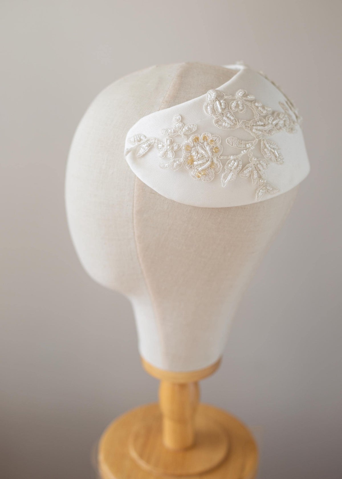 Matte Satin Wedding Cap Hat, Beaded Bridal Half Hat, Bridal Wide Headband, Vintage Bridal Headpiece, Ivory Lace Fascinator