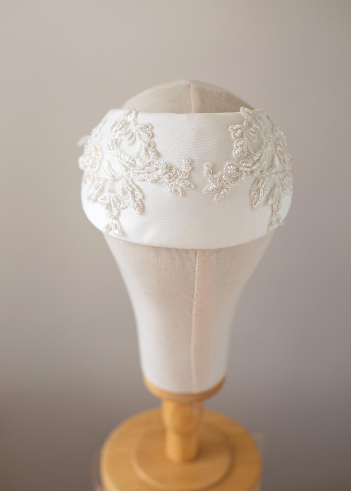 Matte Satin Wedding Cap Hat, Beaded Bridal Half Hat, Bridal Wide Headband, Vintage Bridal Headpiece, Ivory Lace Fascinator