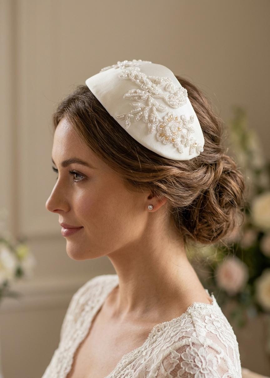 Beaded Lace Wedding Cap Headpiece, Matte Satin Bridal Half Hat, Ivory Bridal Headpiece, Vintage Inspired Wedding Hat