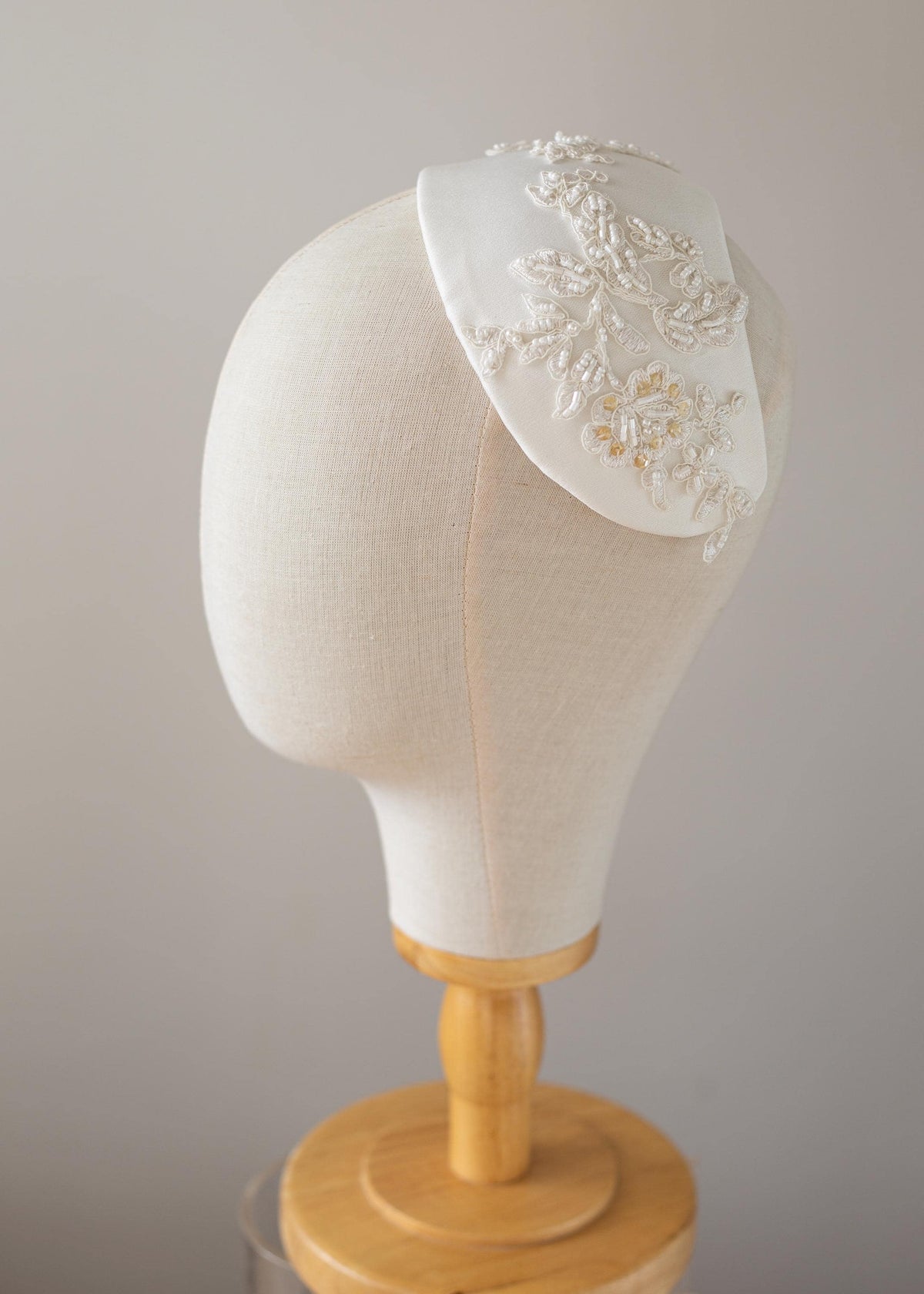 Beaded Lace Wedding Cap Headpiece, Matte Satin Bridal Half Hat, Ivory Bridal Headpiece, Vintage Inspired Wedding Hat