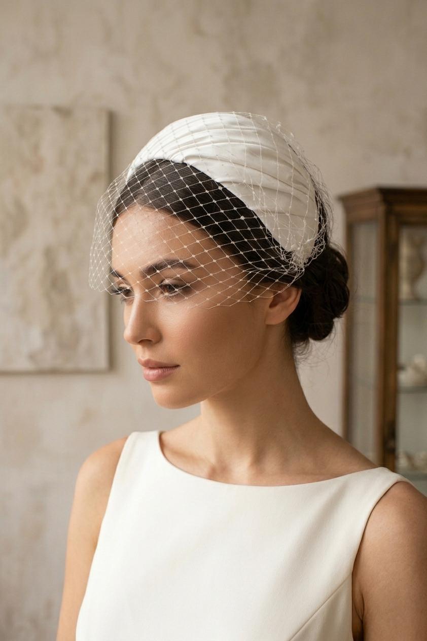 Ivory Satin Bridal Half Hat with Birdcage, 1950s Inspired Wedding Headpiece, Softly Gathered Satin Cap, Vintage Bridal Hat removable Veil