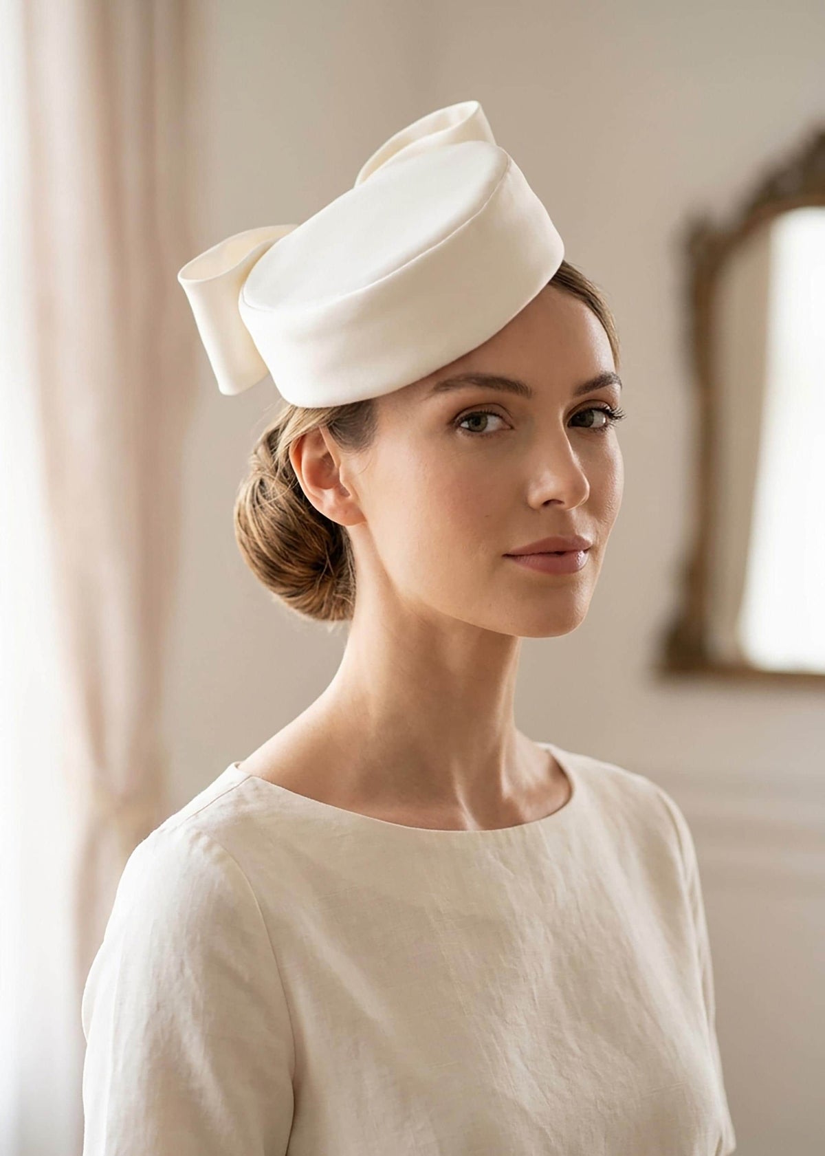 Ivory Satin Pillbox Hat with Birdcage Veil | Bridal Trend 2026 | City Hall Wedding Hat | Fashion-Forward Bridal Headpiece