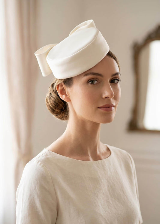 City Hall Bridal Pillbox Hat with Bow – Ivory Satin Wedding Hat, Minimalist Jackie Kennedy Inspired Headpiece