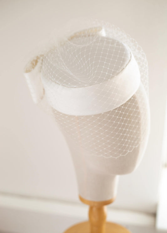 Ivory Satin Pillbox Hat with Birdcage Veil | Bridal Trend 2026 | City Hall Wedding Hat | Fashion-Forward Bridal Headpiece