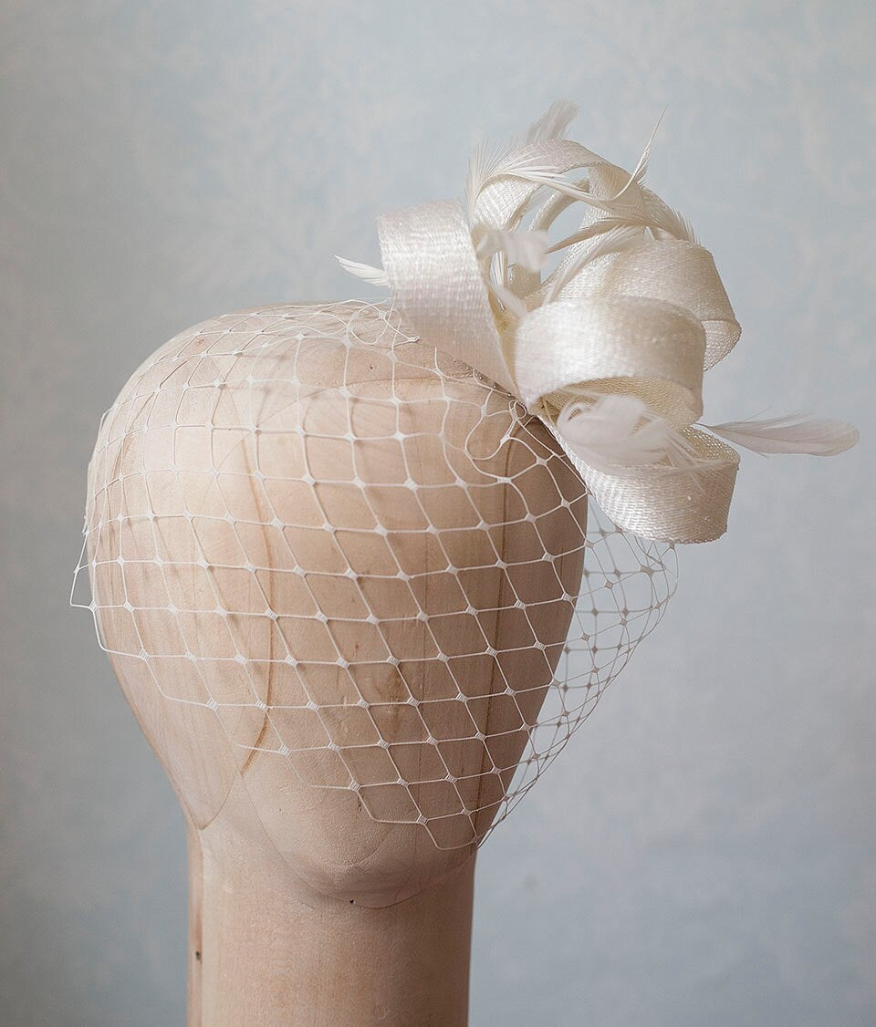 Bridal Feather Fascinator: Birdcage Veil Headpiece with detachable netting veil