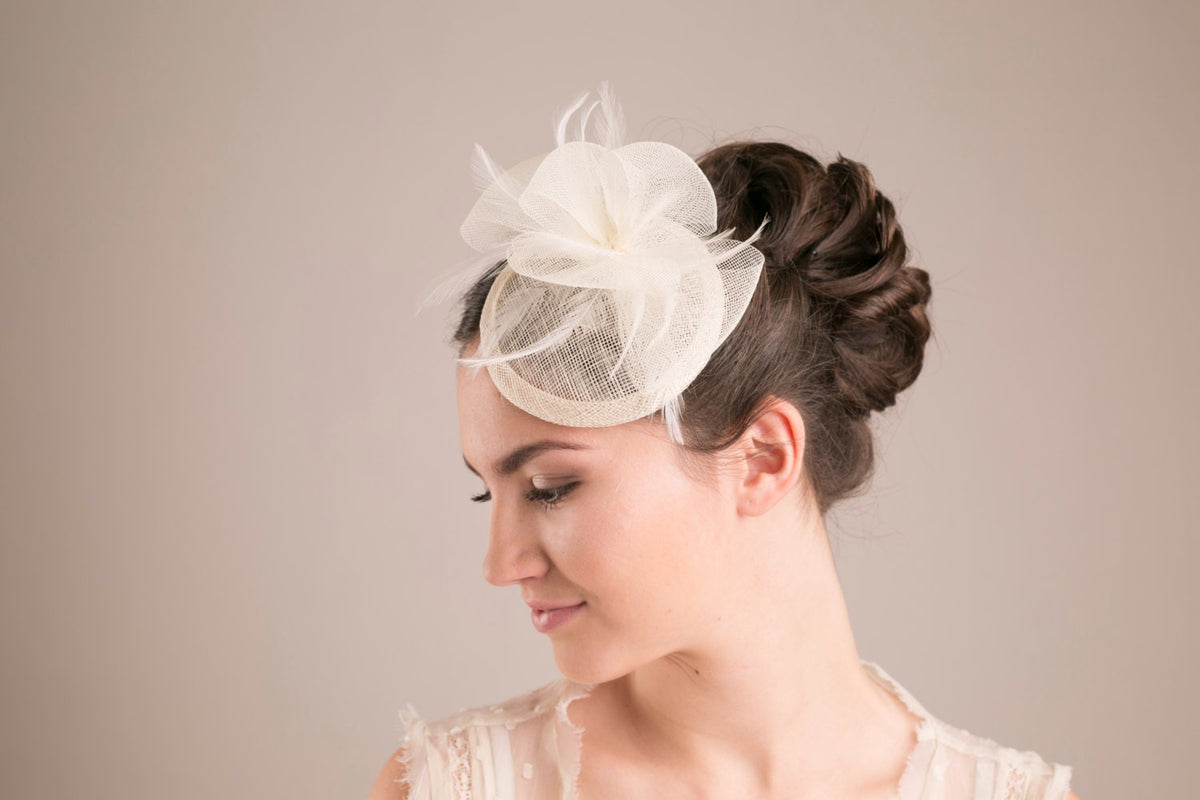 Bridal Sinamay Mini Hat, Occasion Fascinator, Feather Flower Formal Headpiece, Bridal Hat, Wedding Hat