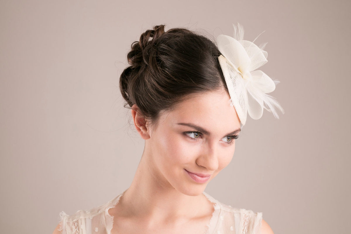 Bridal Sinamay Mini Hat, Occasion Fascinator, Feather Flower Formal Headpiece, Bridal Hat, Wedding Hat