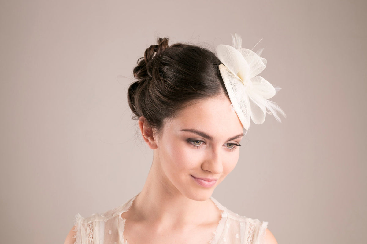 Bridal Sinamay Mini Hat, Occasion Fascinator, Feather Flower Formal Headpiece, Bridal Hat, Wedding Hat
