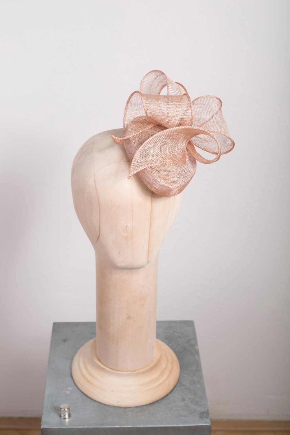 Elegant Pillbox with Swirl Trimming, Almond Beige Cocktail Hat, formal headpiece for wedding guest, abstract bow ladies hat, tea party hat