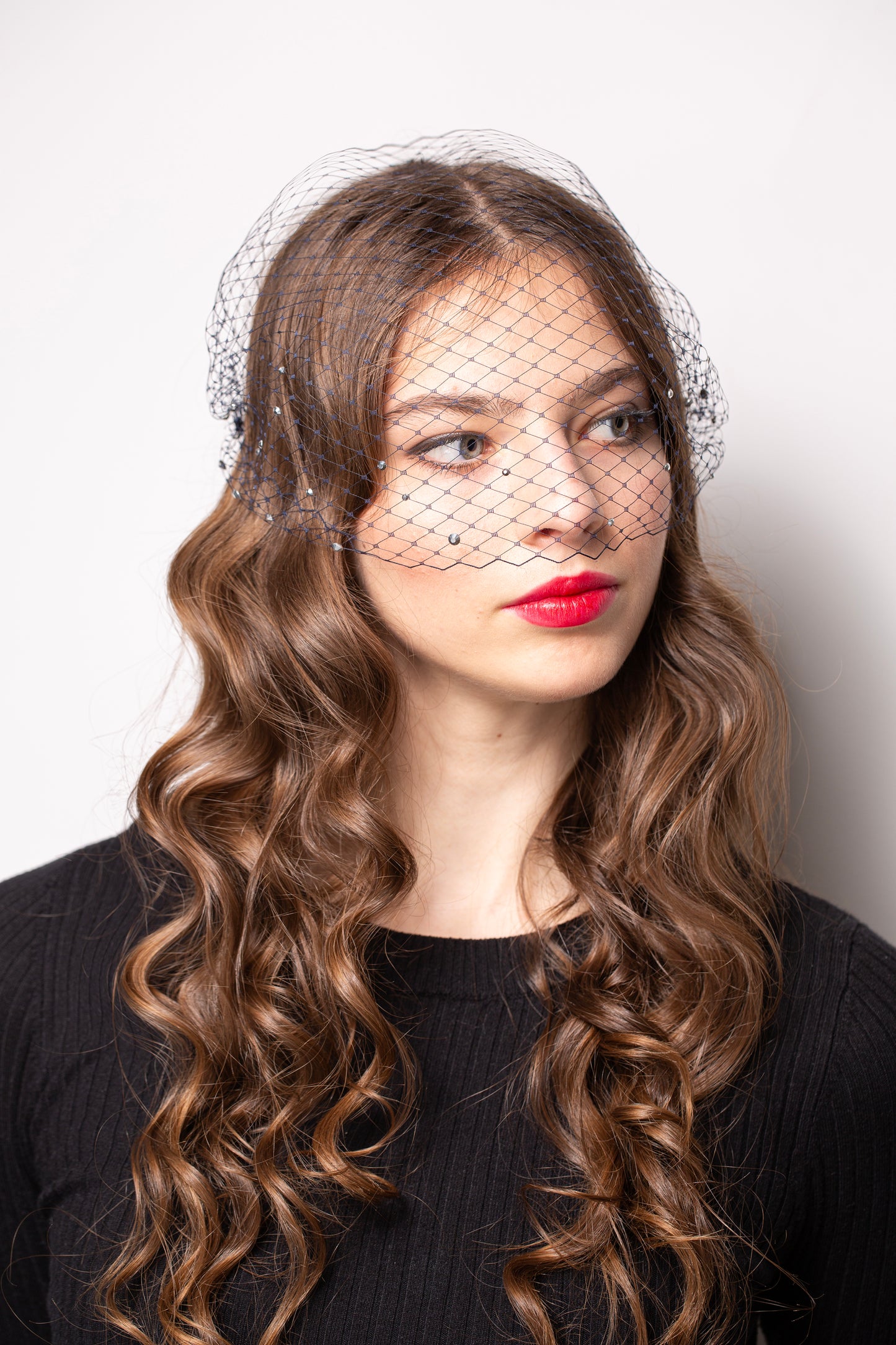 Birdcage Veil in Dark Navy with Rhinestones Netting Birdcage for occasions, parties, mourning Face Veil – Detachable Veil in 1920s Style