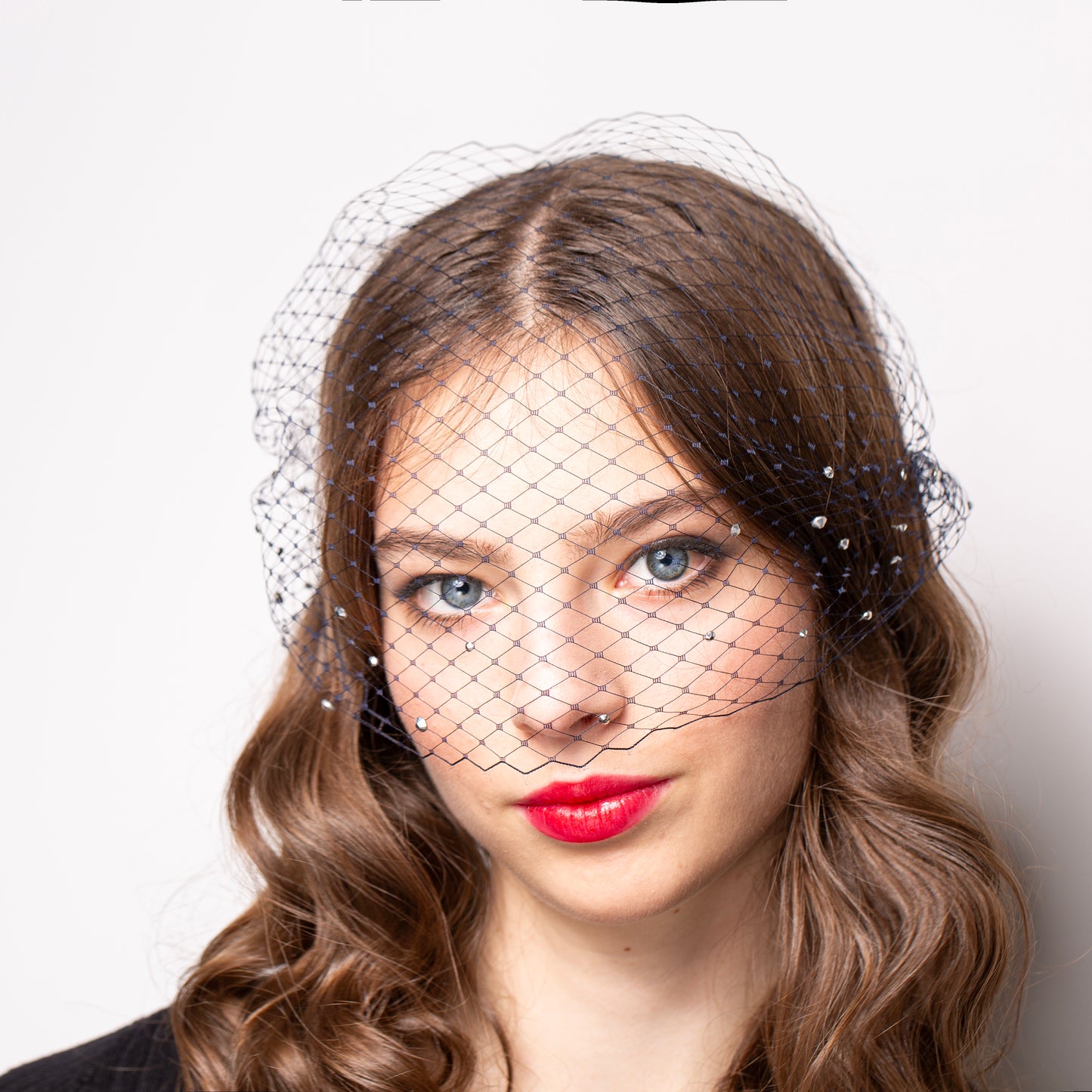 Birdcage Veil in Dark Navy with Rhinestones Netting Birdcage for occasions, parties, mourning Face Veil – Detachable Veil in 1920s Style