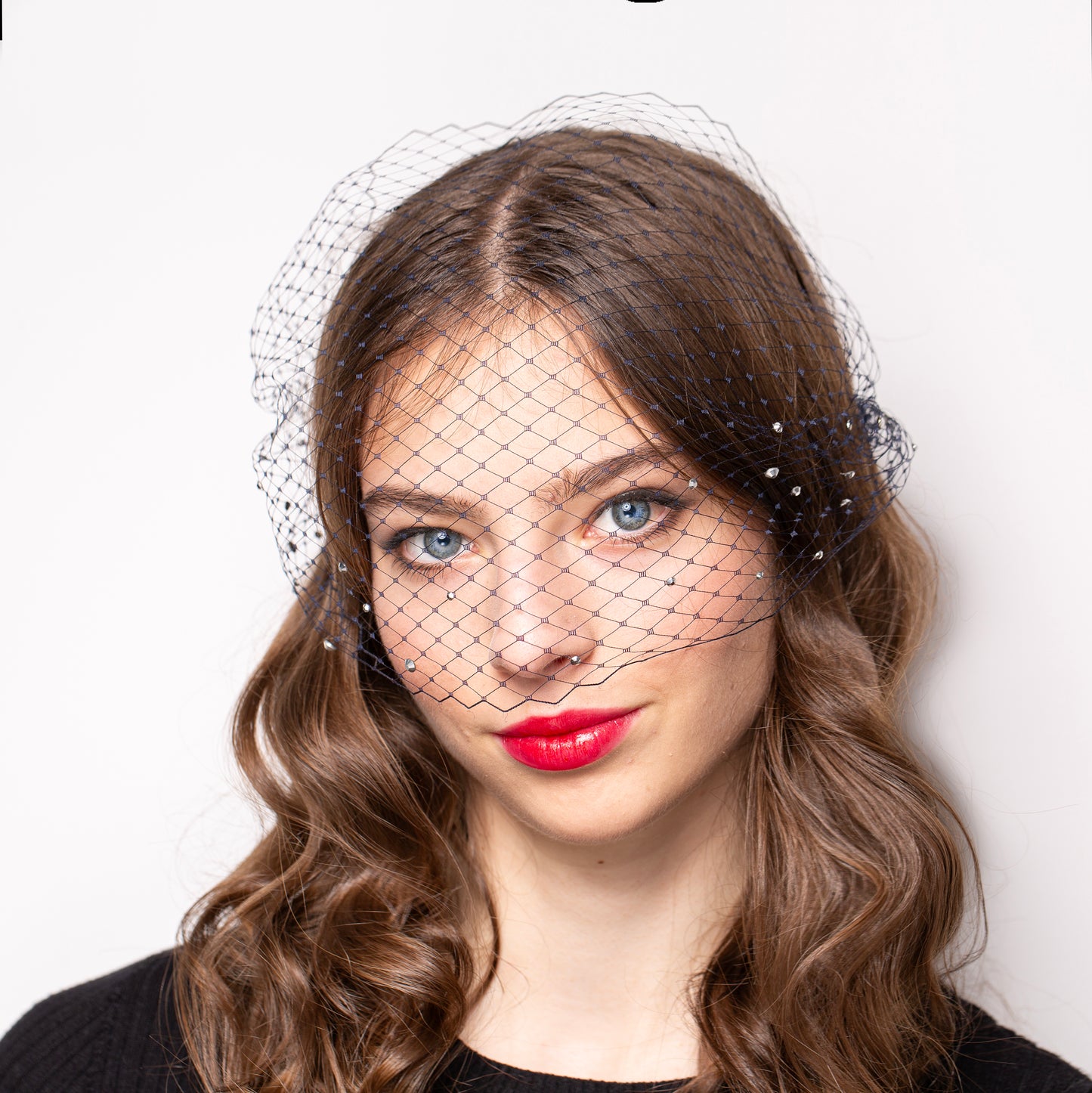 Birdcage Veil in Dark Navy with Rhinestones Netting Birdcage for occasions, parties, mourning Face Veil – Detachable Veil in 1920s Style