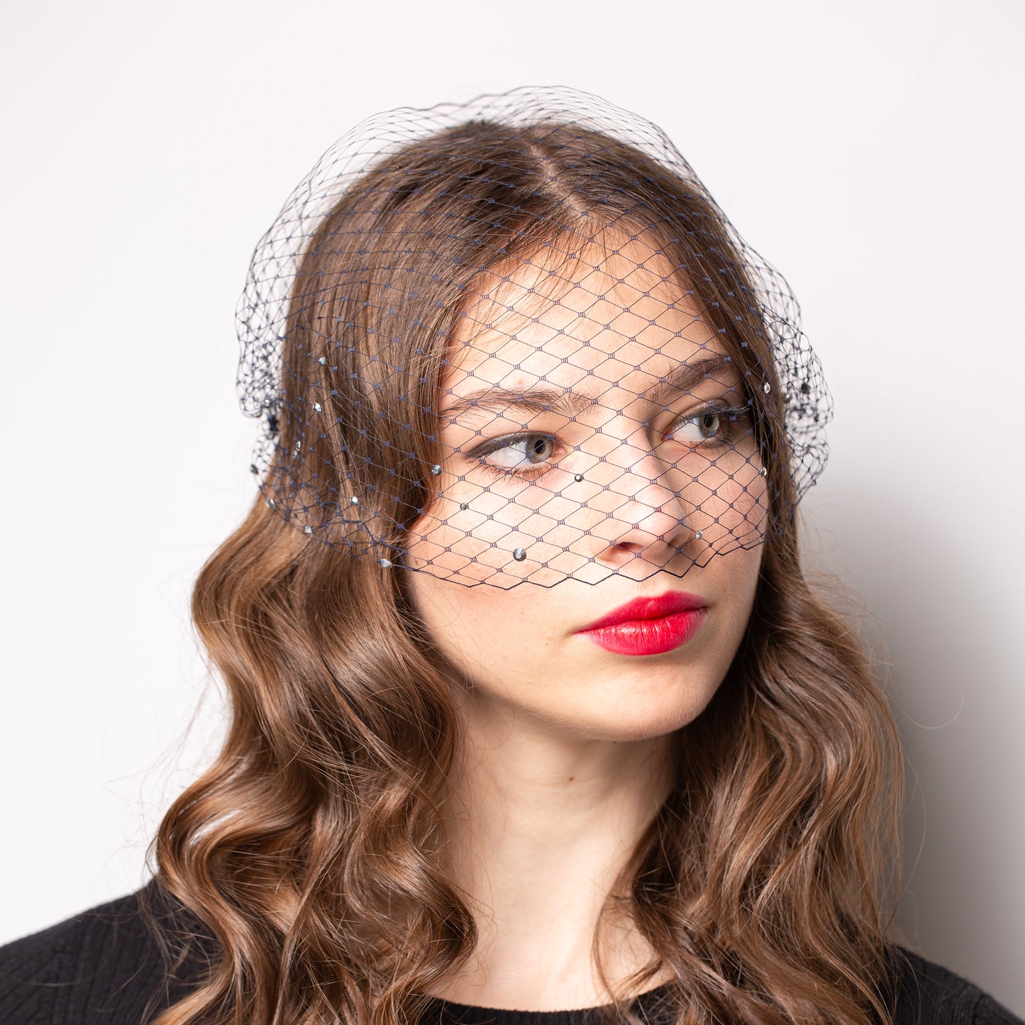 Birdcage Veil in Dark Navy with Rhinestones Netting Birdcage for occasions, parties, mourning Face Veil – Detachable Veil in 1920s Style