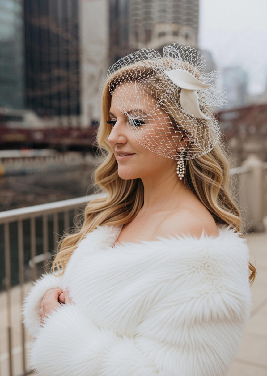 Birdcage Veil Bridal Fascinator – Ivory Felt Petals, Universal Headpiece to match Gowns, Cocktail Dresses, Tailored Suits or Jumpsuits
