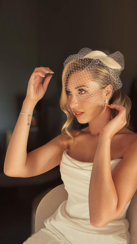 Birdcage Veil Bridal Fascinator – Ivory Felt Petals, Universal Headpiece to match Gowns, Cocktail Dresses, Tailored Suits or Jumpsuits