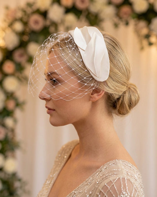 White Silk Satin Bridal Headband with short Birdcage Veil, Handmade Wedding Fascinator, Satin Petals Headpiece
