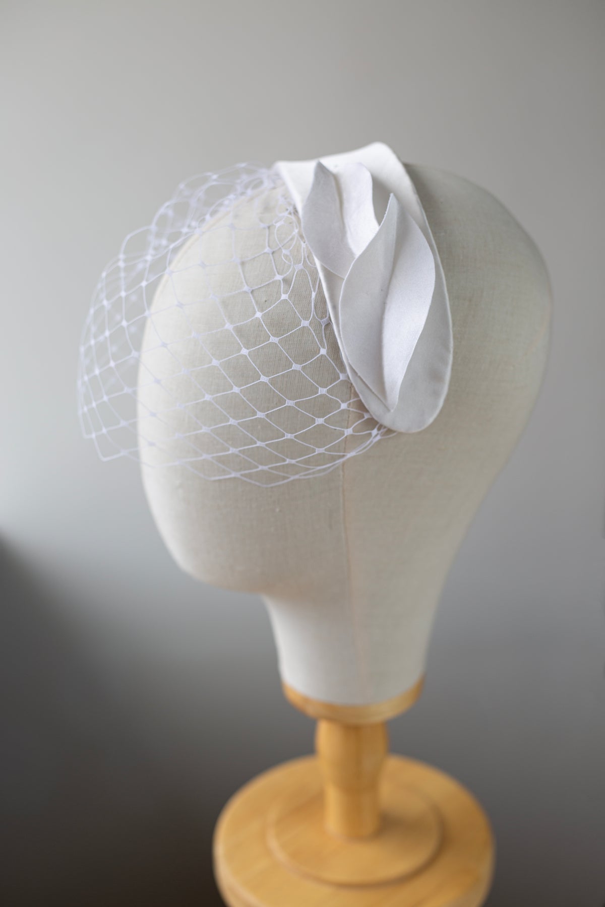 White Silk Satin Bridal Headband with short Birdcage Veil, Handmade Wedding Fascinator, Satin Petals Headpiece