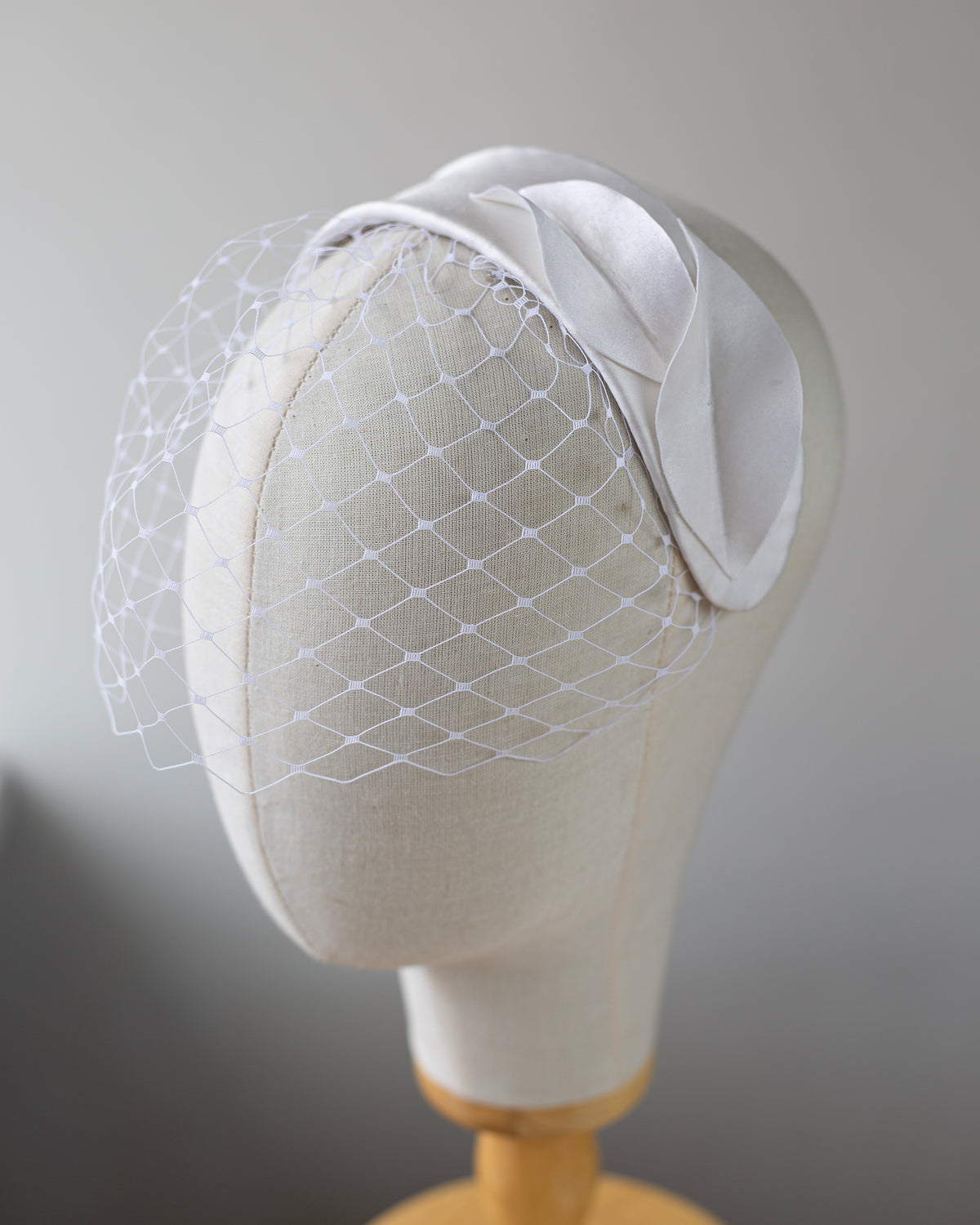 White Silk Satin Bridal Headband with short Birdcage Veil, Handmade Wedding Fascinator, Satin Petals Headpiece