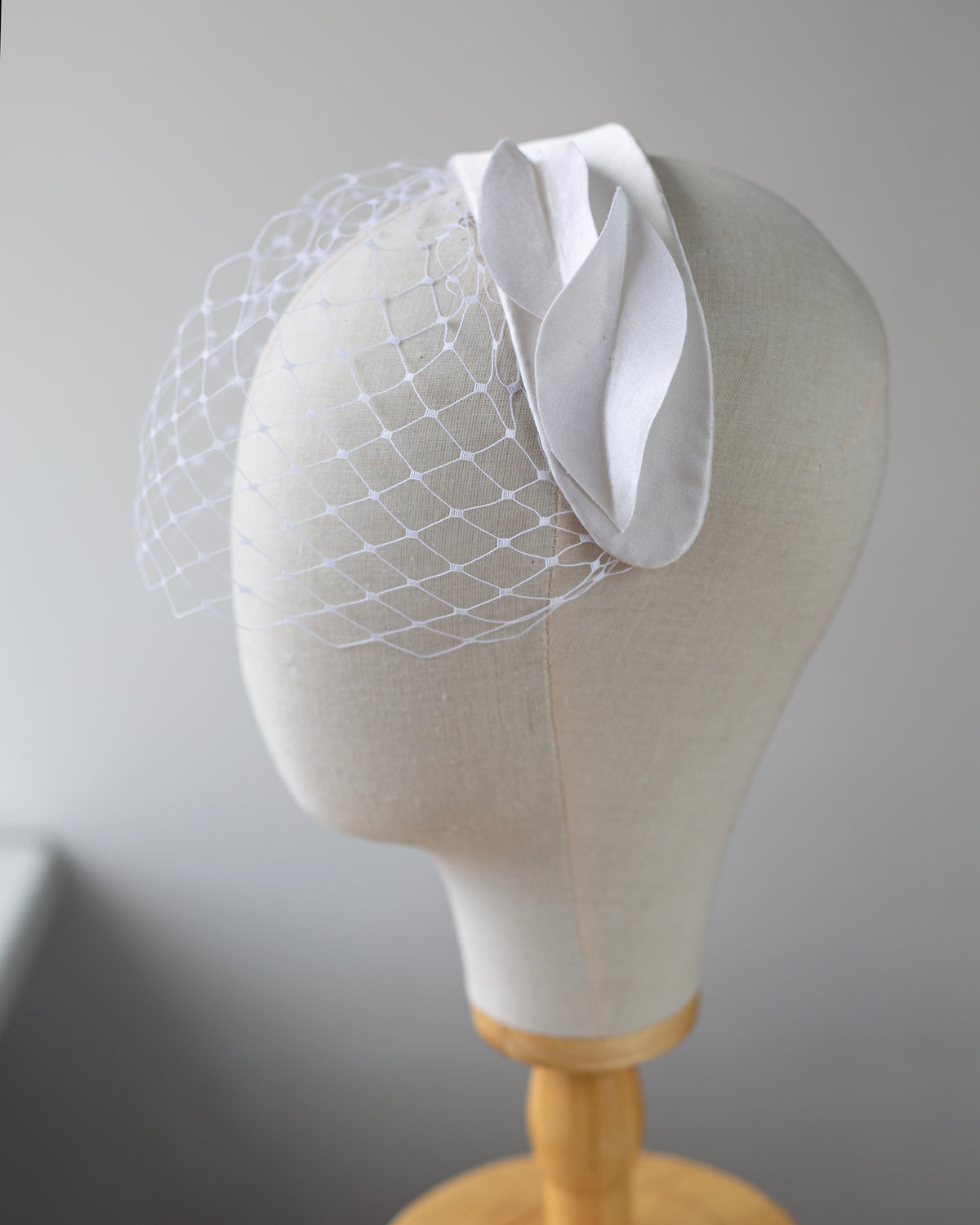 White Silk Satin Bridal Headband with short Birdcage Veil, Handmade Wedding Fascinator, Satin Petals Headpiece