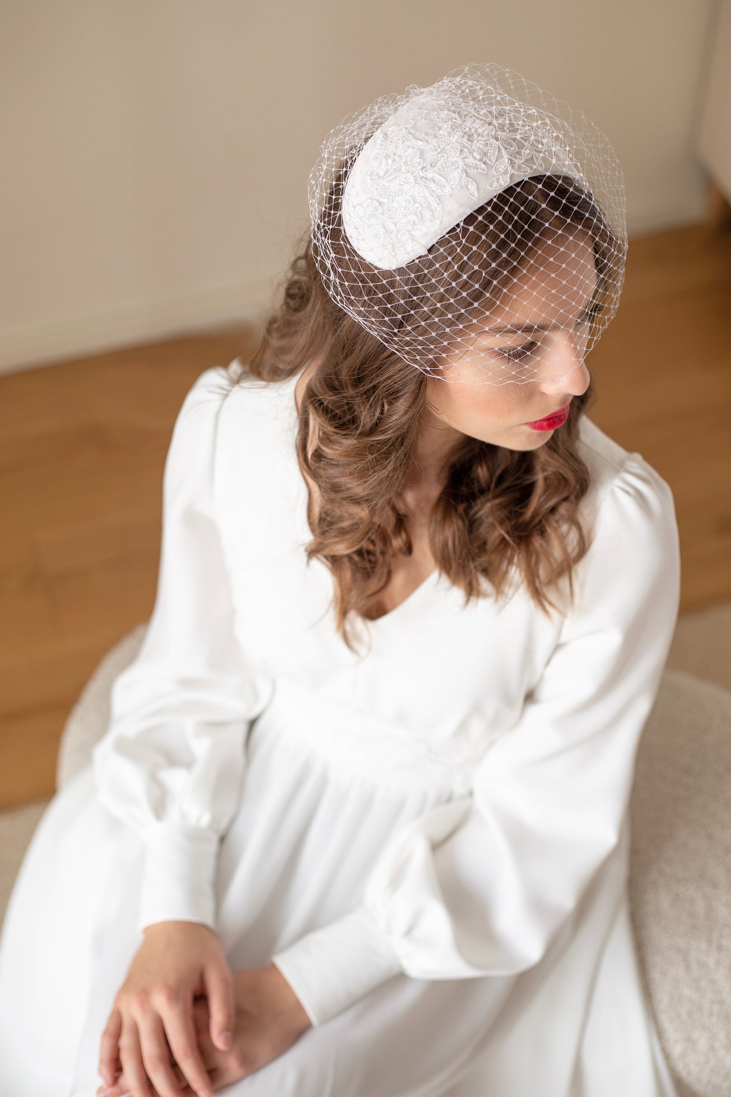 Velvet Wedding Cap Headpiece: Mid-Century Lace Birdcage Veil