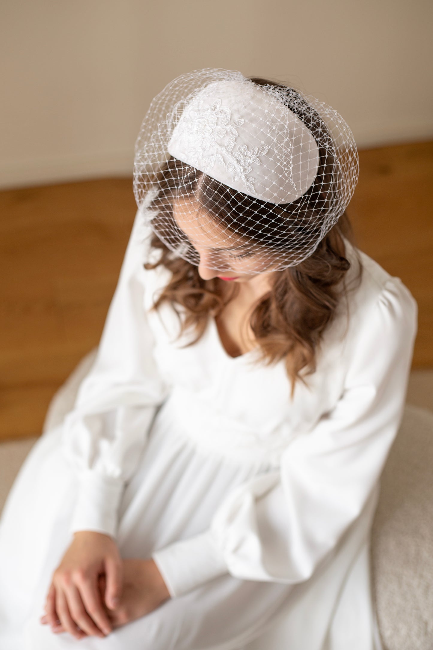 Velvet Wedding Cap Headpiece: Mid-Century Lace Birdcage Veil