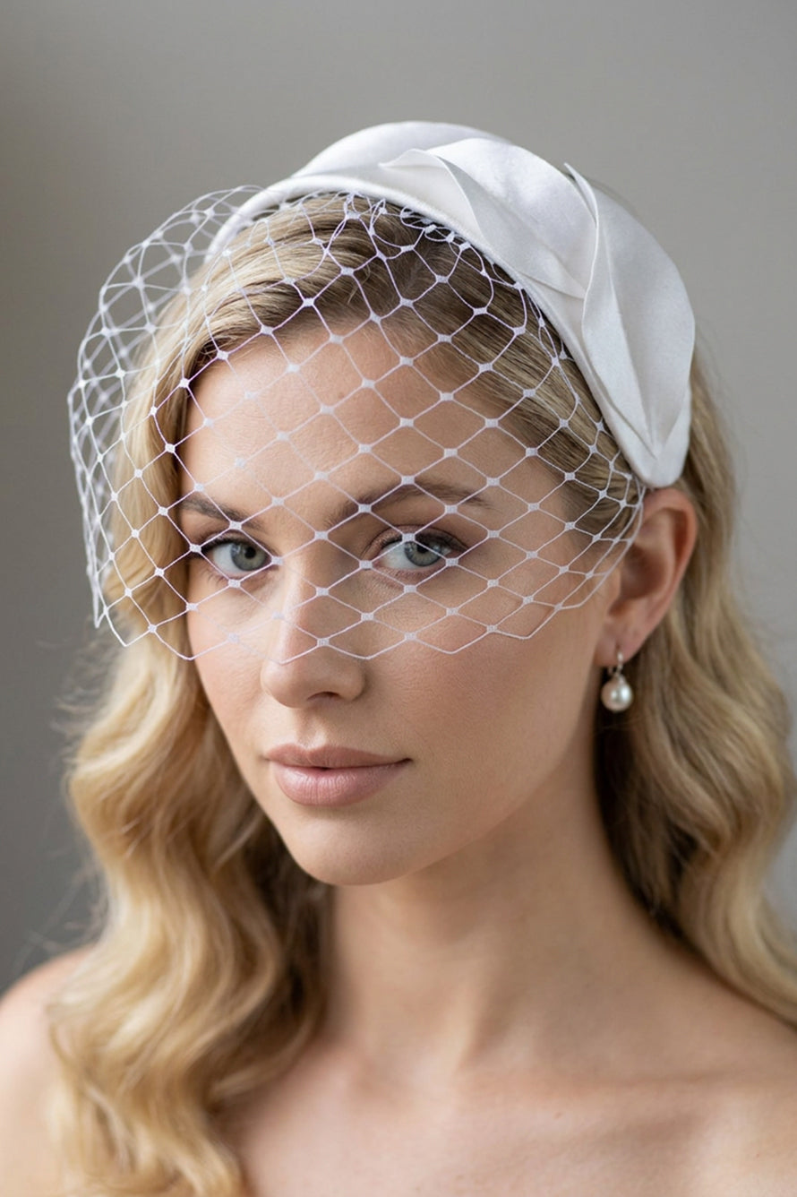 White Silk Satin Bridal Headband with short Birdcage Veil, Handmade Wedding Fascinator, Satin Petals Headpiece